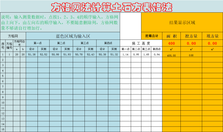方格网法自动计算土石方表格Excel版下载！